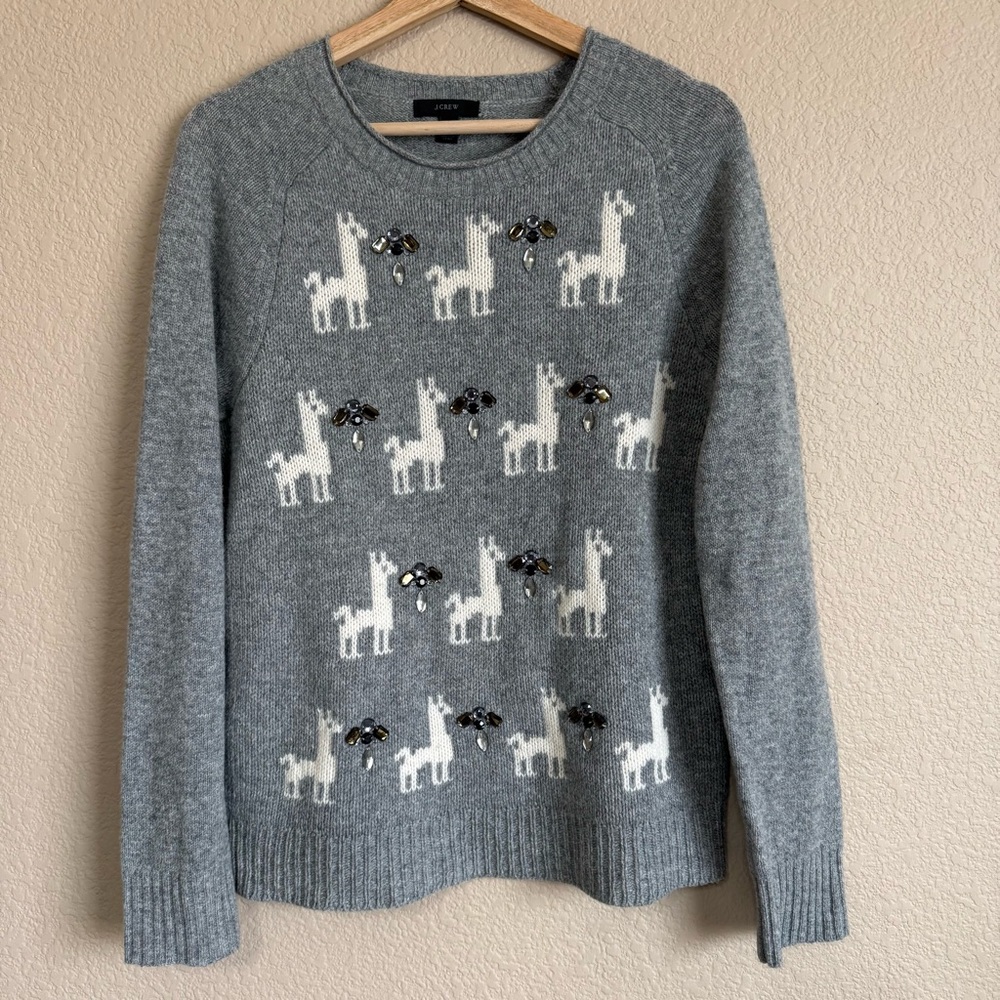 J. Crew Gray Crewneck 100% Wool Sweater Llama Jewel Embellished Sz M Preppy Soft